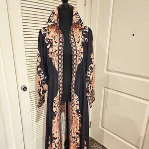 Italian print back and gold Maxi dress,/ duster